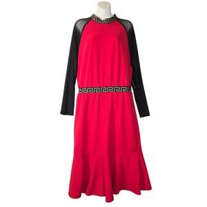 Ashley Stewart Womens 14/16 Red Midi Dress Black Mesh Sleeves Greek Key Trim NWT
